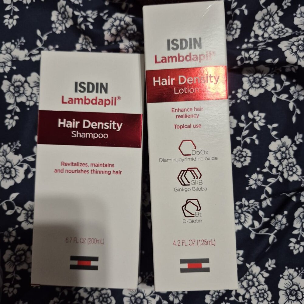 ISDIN Lambdapil Hair density Lotion and shampoo original packaging with QR code